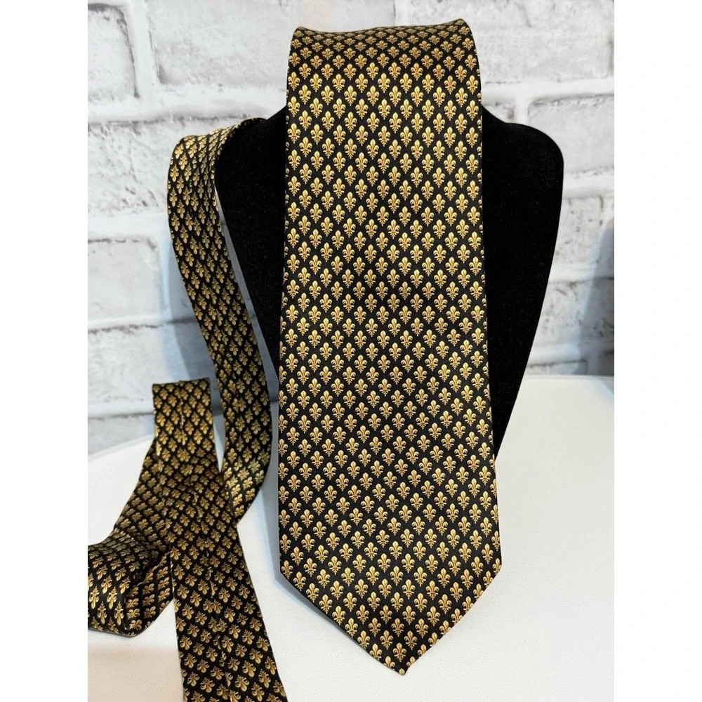 Enzo Felini All Silk Necktie Black Gold Fleur-de-Lis Made in France Vintage